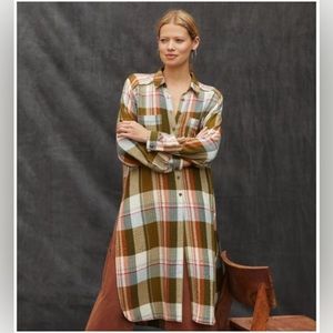 NWT Anthropologie Pilcro side-slit button down plaid maxi tunic in olive green